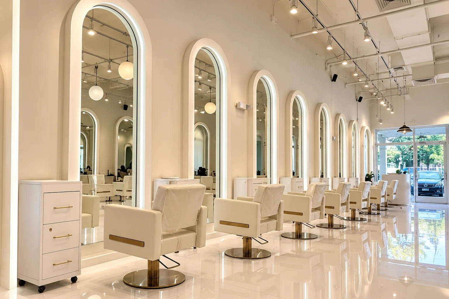 Cream styling chairs and arched mirrors